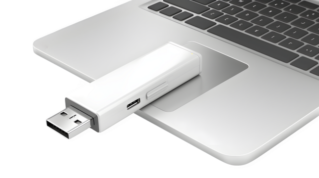 USB Flash Drive with Laptop Computer for Data Storage and Technology, Isolated on White, Transparent Background, PNG File, Hand Edited Generative AI