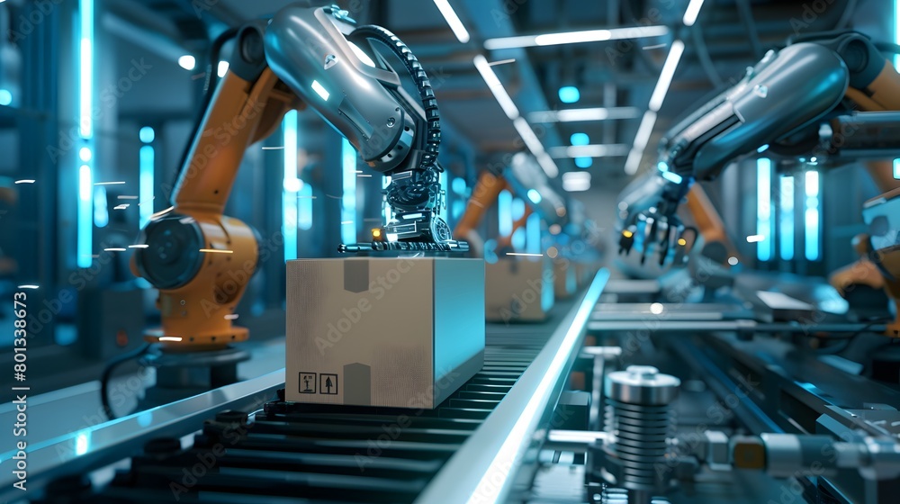 Aufkleber fully automated packaging line - robotic arms swiftly assembling boxes in high-tech factory