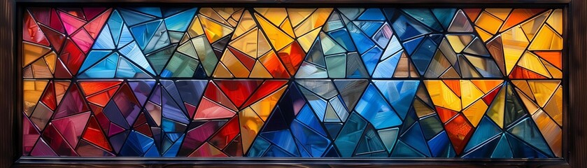 A stained glass window with a geometric pattern of triangles in various colors.