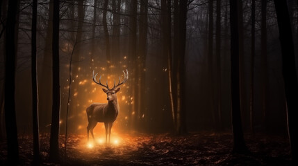 Majestic Deer Illuminated by Mysterious Light in a Dark Forest
