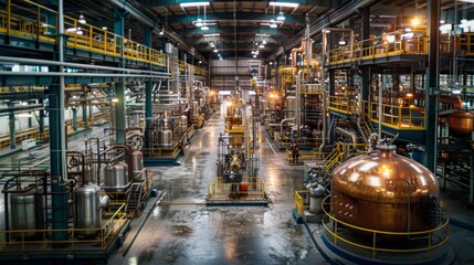 Fototapeta premium Refining Facilities: A real photo shot of petrochemical refineries processing crude oil into various products like gasoline, diesel, and petrochemicals, showcasing the complex refining processes.