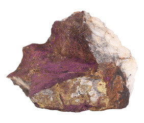 Purpurite manganese phosphate MnPO4 mineral stone rock isolated on white background. Mineralogy stones gem concept.