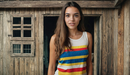Fototapeta premium young woman stands in front of old wooden hut, in a good mood or has an idea, stowing away and thinking, thinking, having an idea, inherited house and renovate or change life