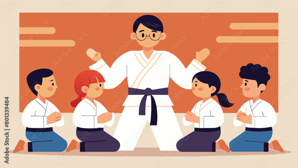 Poster a sensei instructing their students on the history and significance of a particular kata form emphas