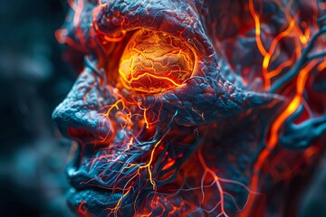 A hyper-realistic image of an anatomical Pituitary gland bursting with vibrant flames