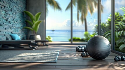 Fitness Tools Await Action: Exercise Ball and Dumbbells on Wooden Floor
