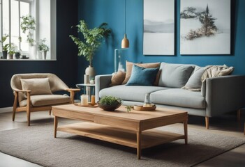 cozy sofa living interior wall home design blue coffee modern table Scandinavian Wood room poster