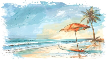 Fototapeta na wymiar Peaceful Beachfront Retreat with Swaying Palm and Inviting Surf