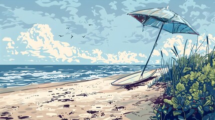 Calming Beach Getaway with Surfboard and Umbrella in Soothing Tones