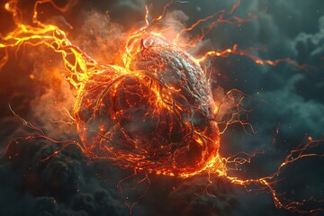 A hyper-realistic image of an anatomical Gallbladder bursting with vibrant flames