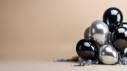 Black and silver balloons with tinsel and tinsel on a beige background