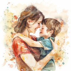 Colorful illustration of Mother and son hugging in watercolor painting style - ai generative