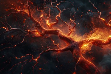 A hyper-realistic image of an anatomical Arteries bursting with vibrant flames