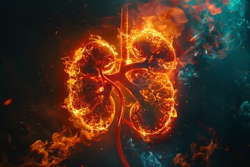 A hyper-realistic image of an anatomical Kidneys bursting with vibrant flames