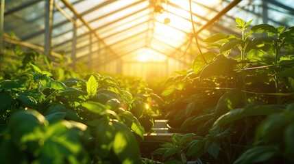 The sunlight filters through the windows of a greenhouse, illuminating a lush garden filled with thriving terrestrial plants. AIG41