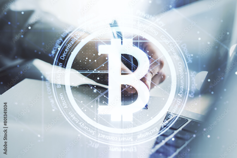 Aufkleber double exposure of creative bitcoin symbol with hand writing in notebook on background with laptop. 