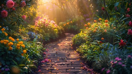 Whimsical garden pathway with colorful flowers and lush greenery at sunrise in autumn
