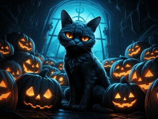 A black cat is sitting in a dark room, surrounded by jack-o'-lanterns