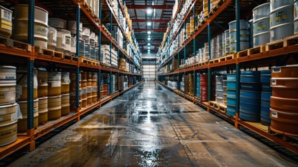 Warehousing and Storage: A real photo shot depicting the storage and warehousing of agricultural chemical products in secure and controlled environments, ensuring product integrity and shelf life.