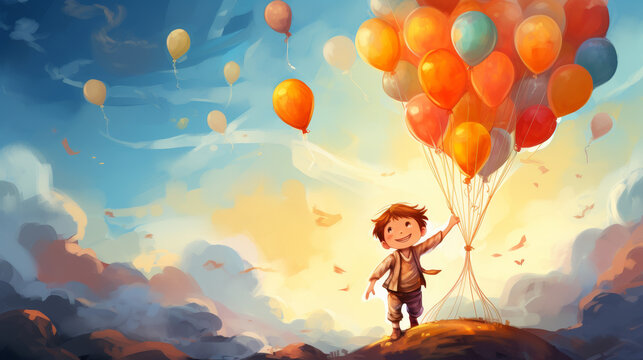 A young boy, arms stretched upwards, clutches an array of colorful balloons against a clear blue sky.