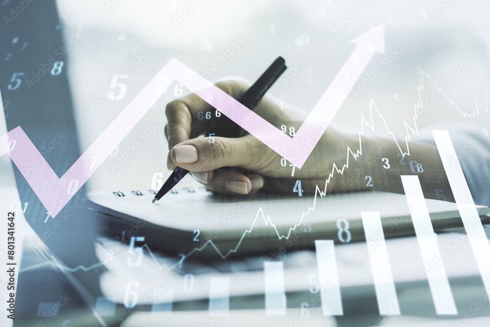 Poster multi exposure of abstract creative financial graph with upward arrow and hand writing in notebook o