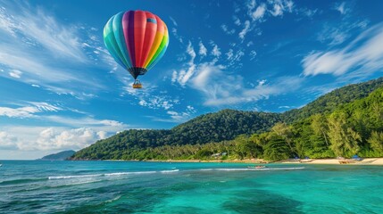 Fototapeta premium Hot air balloon floating over island with copy space area.