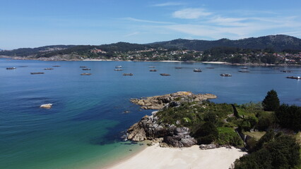 Obraz premium Tranquil beach scene with lush vegetation, azure waters, and golden sands 