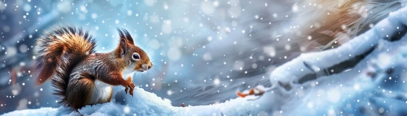 Obraz premium A squirrel is standing on a snowy hillside. The image has a peaceful and serene mood, as the squirrel is the only living creature visible in the scene