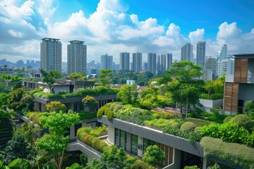 Fototapeta premium A cityscape with buildings featuring lush green rooftops, demonstrating urban sustainability.