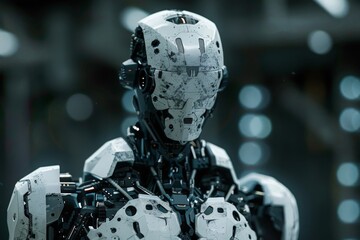 Fototapeta premium Realistic full-body shot of a cyborg constructed entirely from computer parts. The cyborg should be radiating with energy and power, with every detail of its skin meticulously rendered