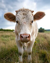 A closeup shot of a cow looking at the camera with a blurred background