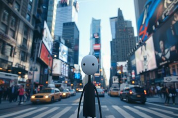 Adventures Amidst Skyscrapers: A Cartoon Figure Adds Playful Charm to the Urban Landscape.