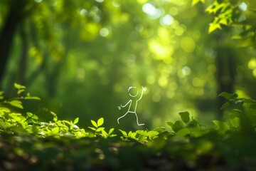A stick figure is walking through a lush green forest - obrazy, fototapety, plakaty