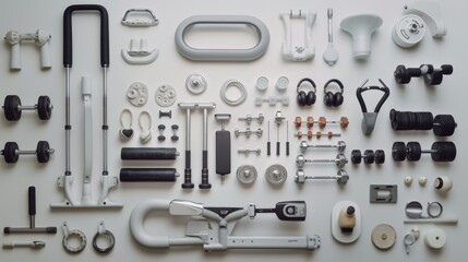 Fototapeta premium objects, white, minimal, background, Magazine-style photography showcases the effectiveness of fitness equipment and workout attire.