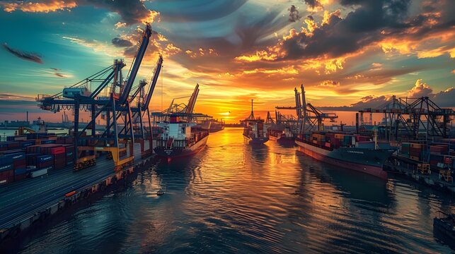 Industrial sunset over a bustling port
