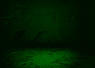 Empty dark green studio room with rough cement walls and floor. Grunge style. Template for displaying a product.