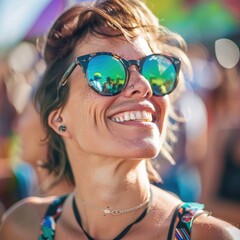 Portrait of a cheerful young woman in sunglasses with reflections, enjoying a sunny day at an outdoor event. AIG50