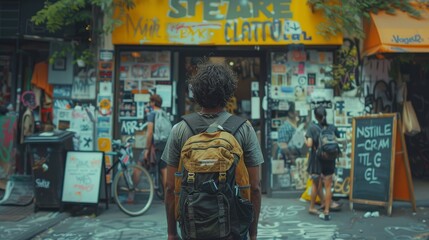 Man Walking Down Street With Backpack. Generative AI