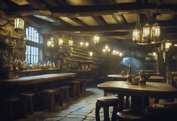 Fototapeta premium medieval fantasy dragons interior inn art adventuring tavern lit dungeons friendly concept Warm lanterns