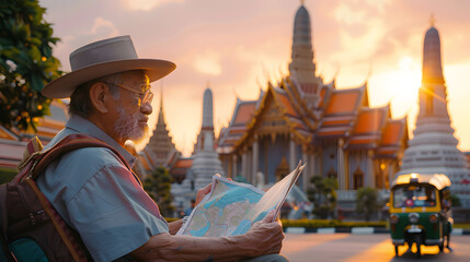 Tourists stand unfolding a map in front of the Temple of the Emerald Buddha or Wat Phra Kaew in Bangkok Thailand, while a tricycle driver sits in his vehicle waiting for customers.