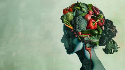 Artistic representation of a female silhouette with vegetables in the shape of a brain, promoting nutritional psychology