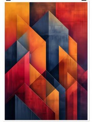 An abstract painting with a geometric pattern. The colors are red, orange, yellow, and blue. The painting has a modern and contemporary feel.