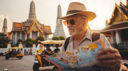 Tourists stand unfolding a map in front of the Temple of the Emerald Buddha or Wat Phra Kaew in Bangkok Thailand, while a tricycle driver sits in his vehicle waiting for customers.