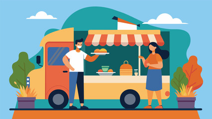 A young couple sets up a food truck at a busy festival their side hustle of cooking and selling delicious street food allowing them to express