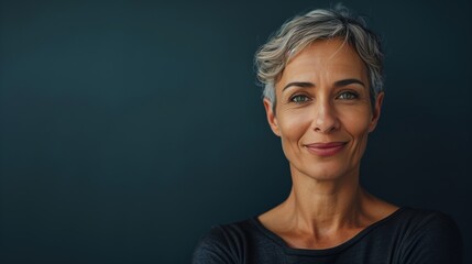 Confident middle age woman with short gray hair and a smile