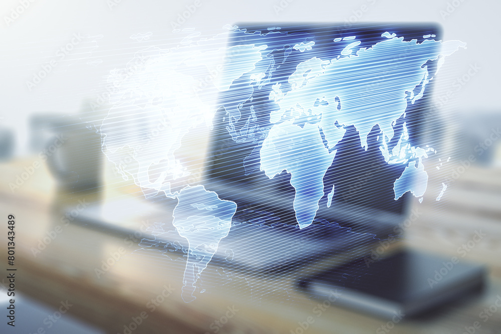 Poster multi exposure of abstract creative digital world map and modern desktop with laptop on background, 