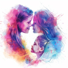Colorful illustration of Mother and daughter hugging in watercolor painting style - ai generative