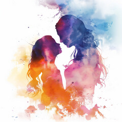 Colorful illustration of Mother and daughter hugging in watercolor painting style - ai generative