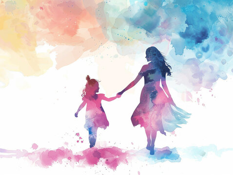 Colorful illustration of Mother and daughter hugging in watercolor painting style - ai generative