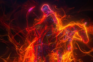 3D luminogram depicting a scythe-wielding Death Eater sitting on a fiery horse engulfed in ethereal fire. Illuminate the scene with vivid neon colors radiating against a deep, stark black background